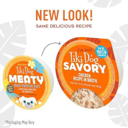 Tiki Dog Meaty sans céréales, protéine élevée pour chien actif.