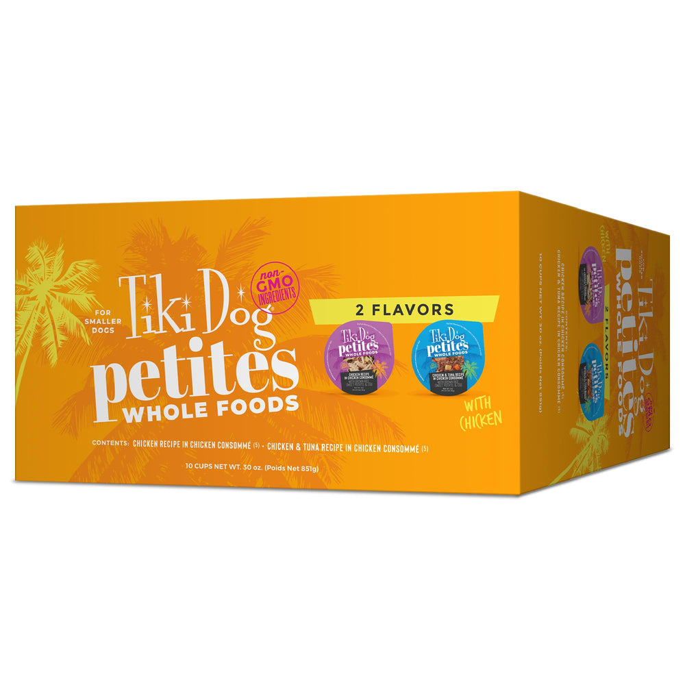 Tiki Dog Petites montre poulet en consommé, repas hydratant et appétissant.