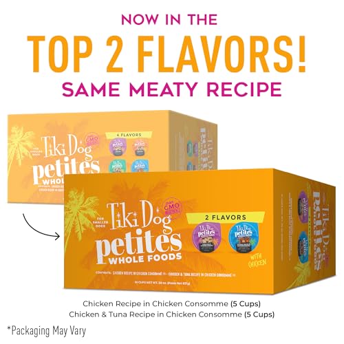 Tiki Dog Petites poulet et thon en consommé, saveur variée et riche en protéines.