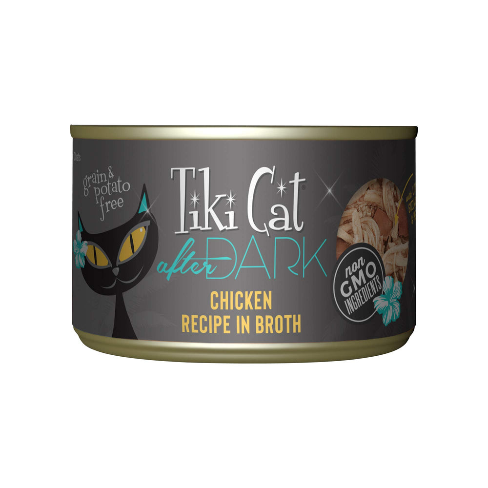 Tiki Pets After Dark poulet effiloché en bouillon, protéines élevées pour chat.