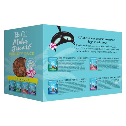 TIKI PETS Aloha Friends: chat dégustant du poisson, repas riche en protéines et hydratation.