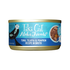 Boîte TIKI PETS Aloha Friends affichant thon tilapia et citrouille, hydratation quotidienne.