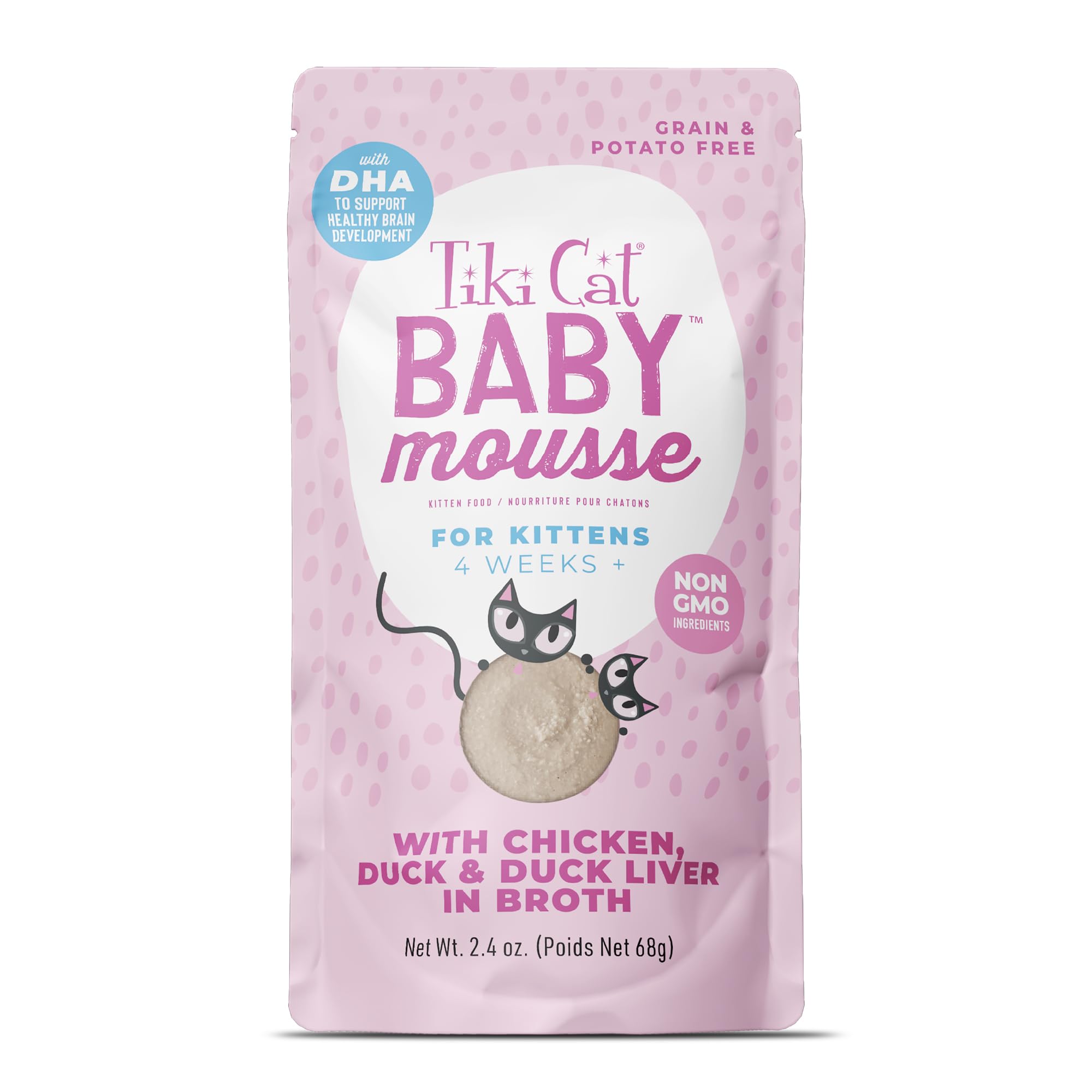 TIKI PETS Baby Mousse, sachet 68 g poulet et canard, nutrition complète.