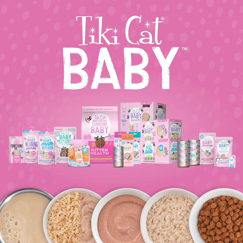 TIKI PETS Baby Mousse, poulet et canard en morceaux au goût appétissant.