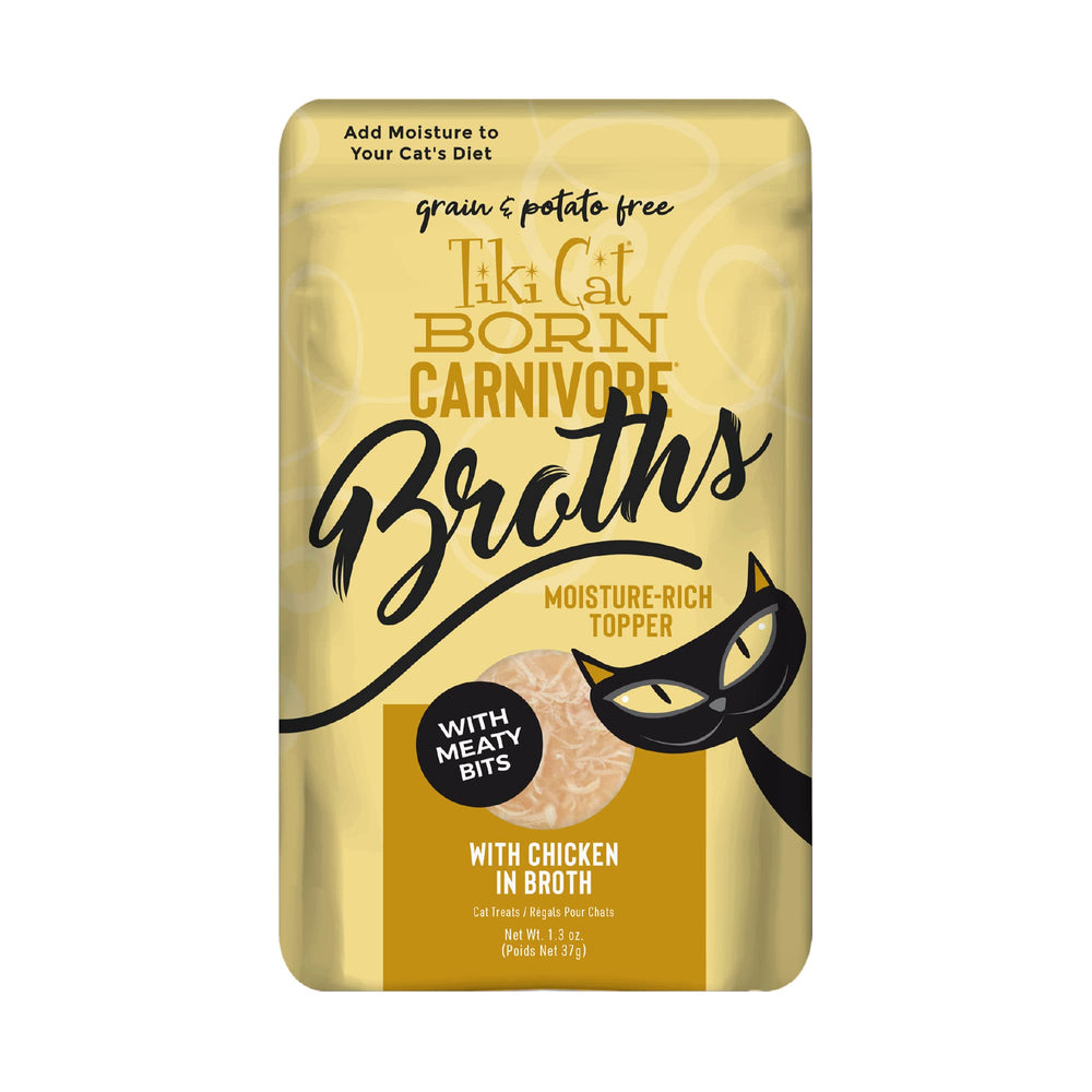 Tiki Pets Born Carnivore Broths, sachets poulet: hydratation pratique pour croquettes et repas.