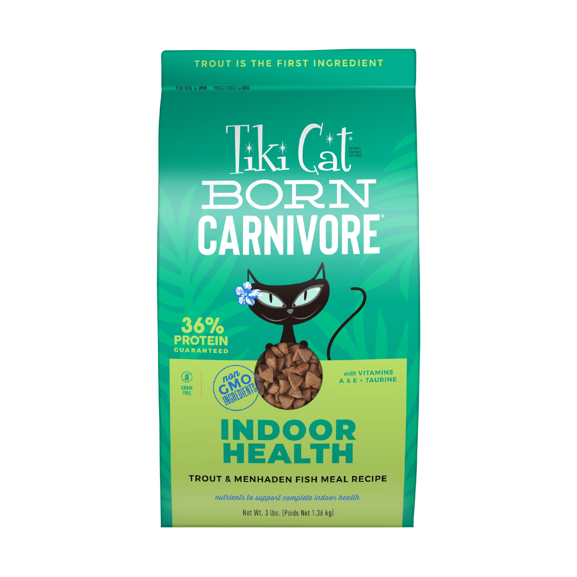 Emballage TIKI PETS croquettes Tiki Cat pour chats d’intérieur, pratique et attractif.