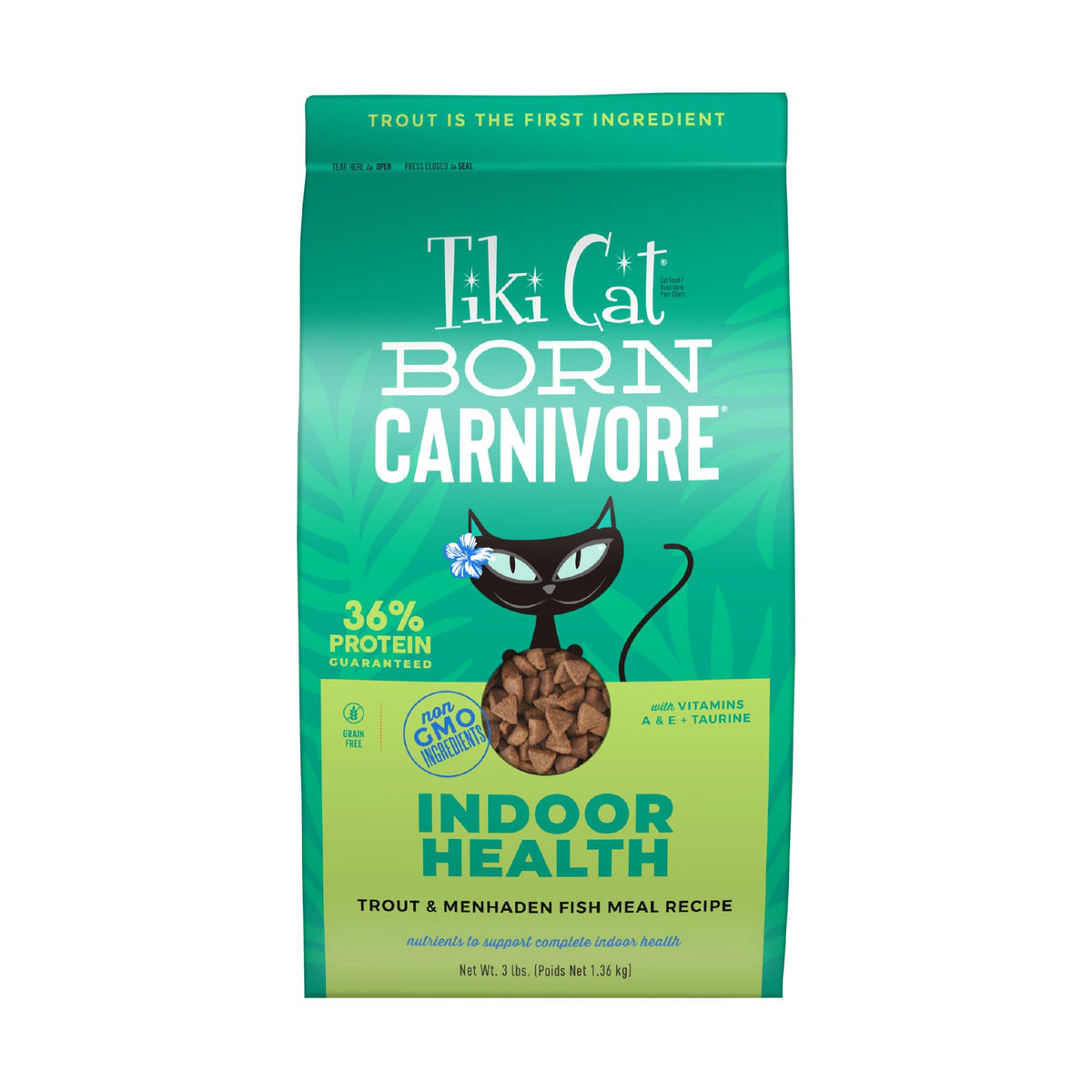 Emballage TIKI PETS croquettes Tiki Cat pour chats d’intérieur, pratique et attractif.