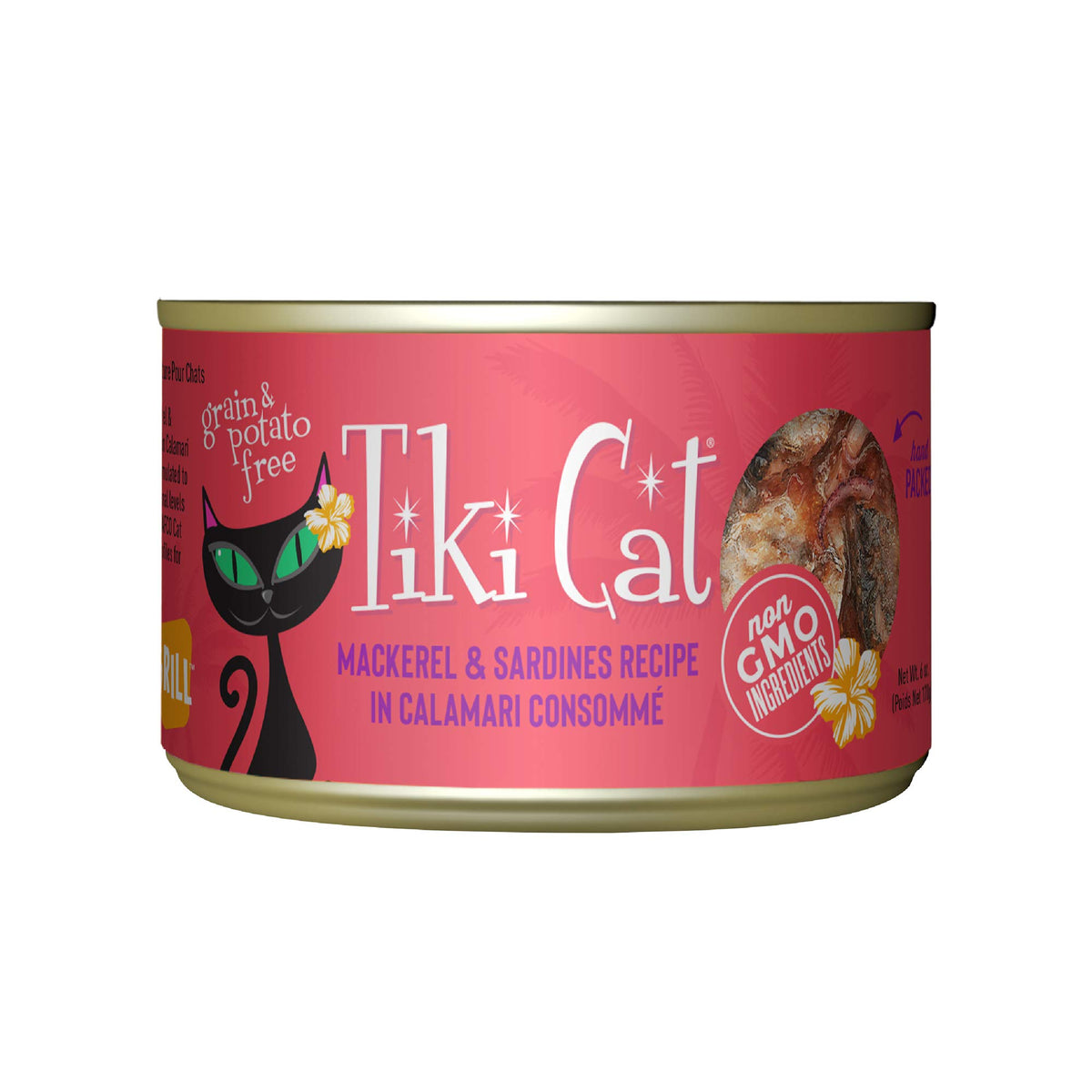 Tiki Cat Grill Maquereau et Sardines, ouverture de boîte, repas humide nourrissant pour chat.