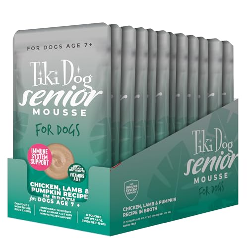 Le TIKI PETS Tiki Dog Senior Mousse offre une saveur citrouille et fibres pour une digestion plus facile.