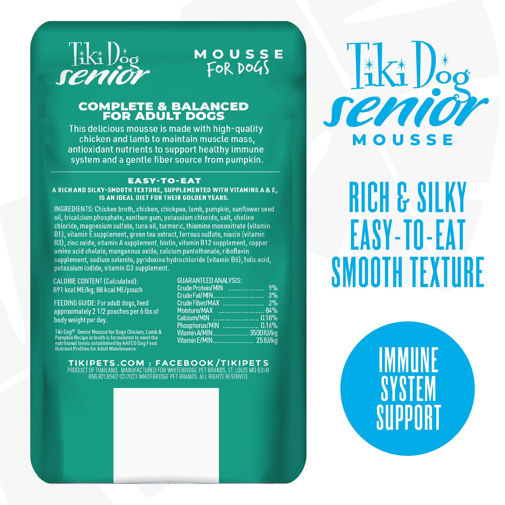 La texture mousse douce TIKI PETS Mousse Senior est hydratante et facile à mâcher.