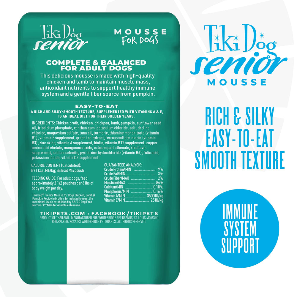 La texture mousse douce TIKI PETS Mousse Senior est hydratante et facile à mâcher.