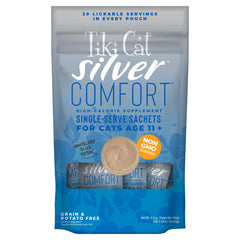 Emballage Tiki Cat Silver Comfort pour chats âgés, option nutritionnelle.