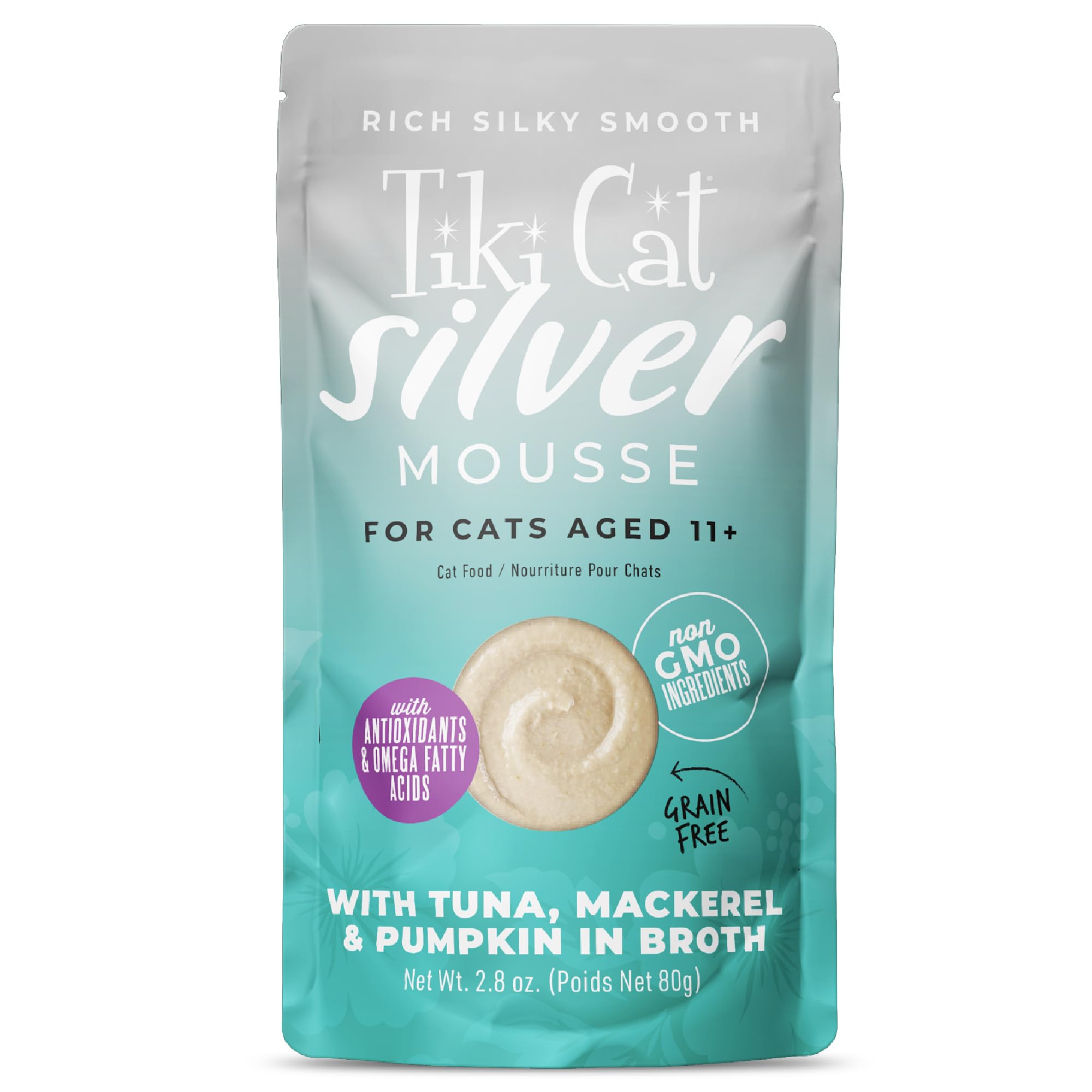Tiki Cat Silver Mousse au thon et maquereau dans bouillon, texture veloutée.