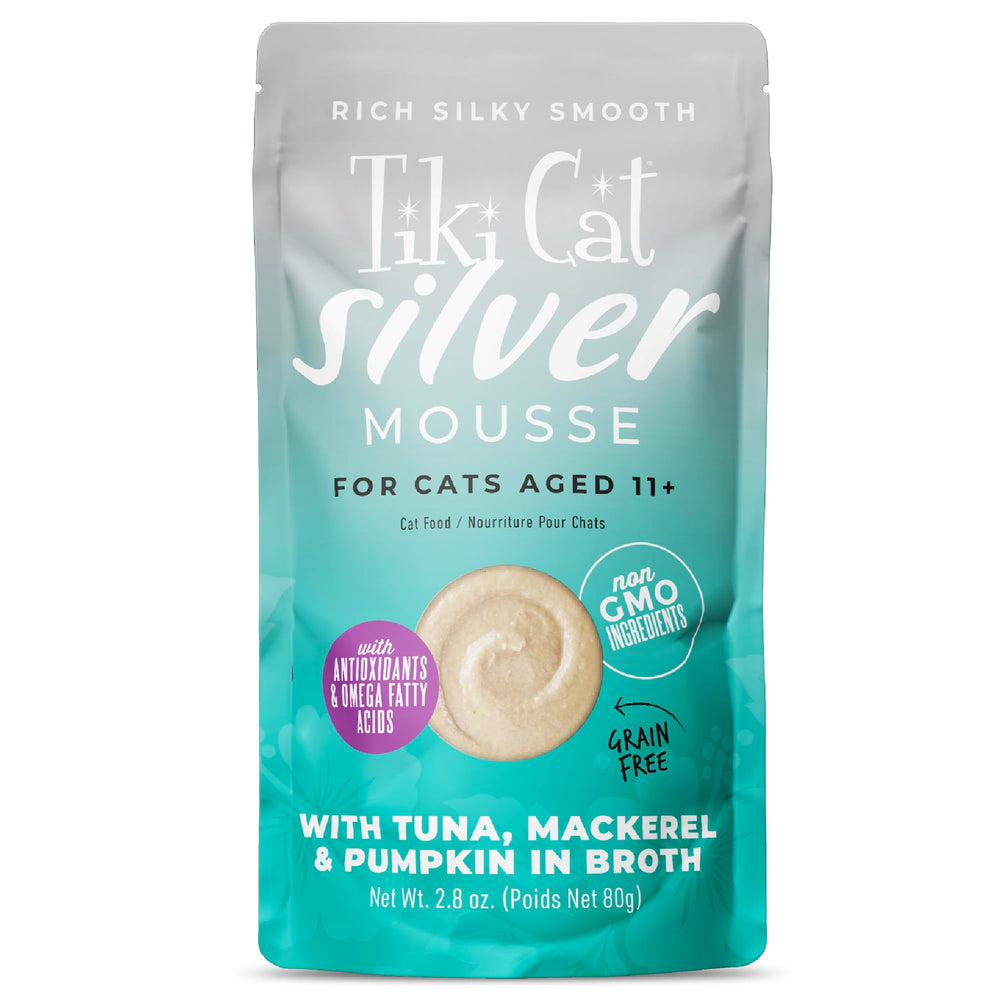 Tiki Cat Silver Mousse au thon et maquereau dans bouillon, texture veloutée.