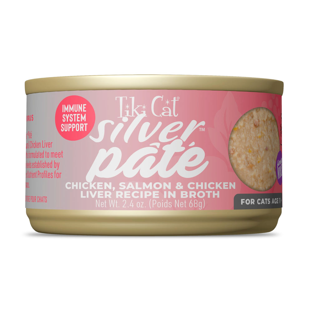 Pâté Tiki Pets Silver avec poulet saumon et foie dans bouillon, goût riche