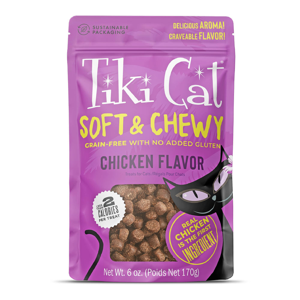 Friandises TIKI PETS au poulet, sachet 170 g, texture molle et idéale pour récompenser le chat