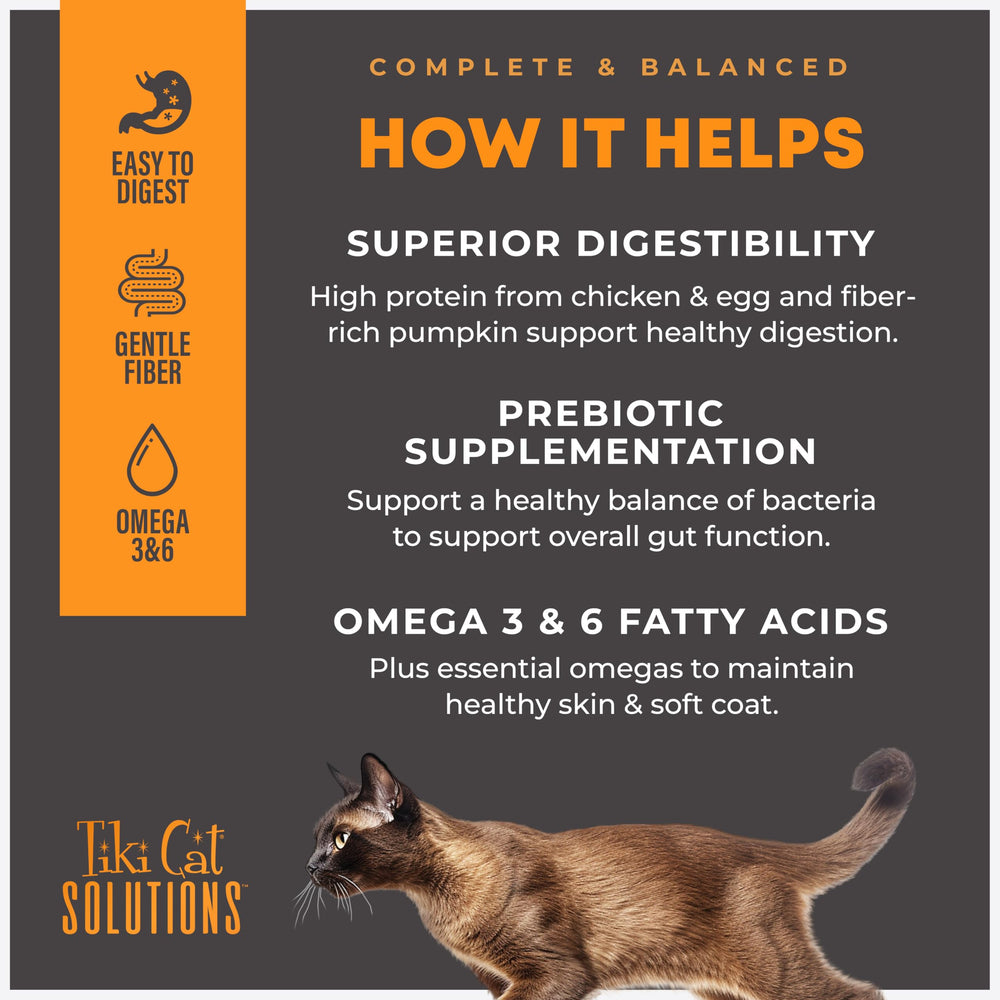 Texture douce Tiki Cat Solutions Digestion, adaptée aux gourmets difficiles.