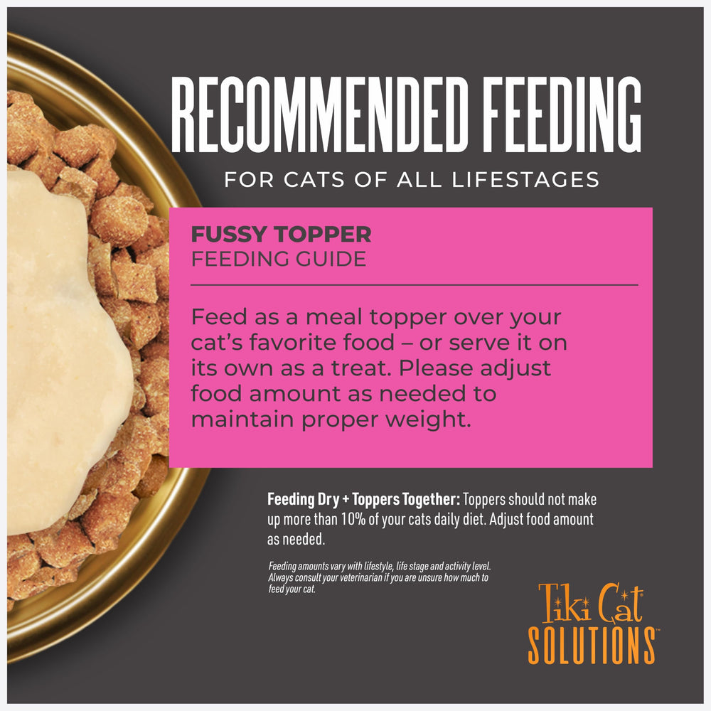 Topper Fussy Tiki Cat Solutions, ajoute d'humidité sur les croquettes, meilleure texture.