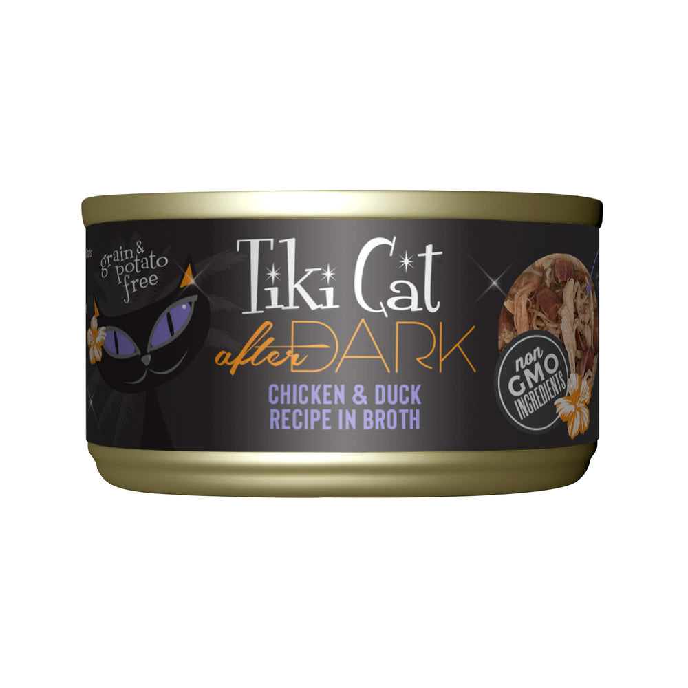 Tiki Cat After Dark, poulet et canard dans un bouillon appétissant, nourriture humide.