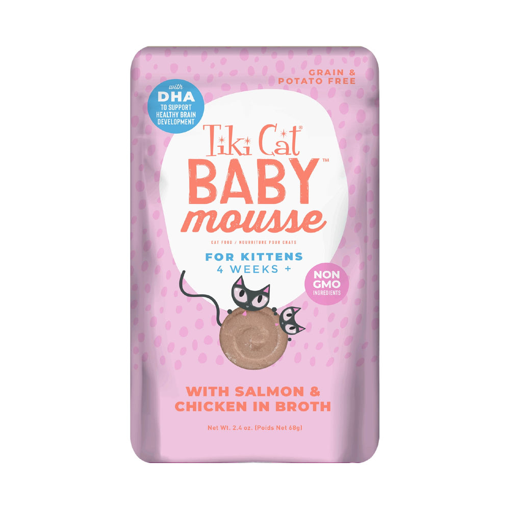 Tiki Cat Baby Mousse Saumon et Poulet: goût nutritif pour chatons en transition alimentaire.