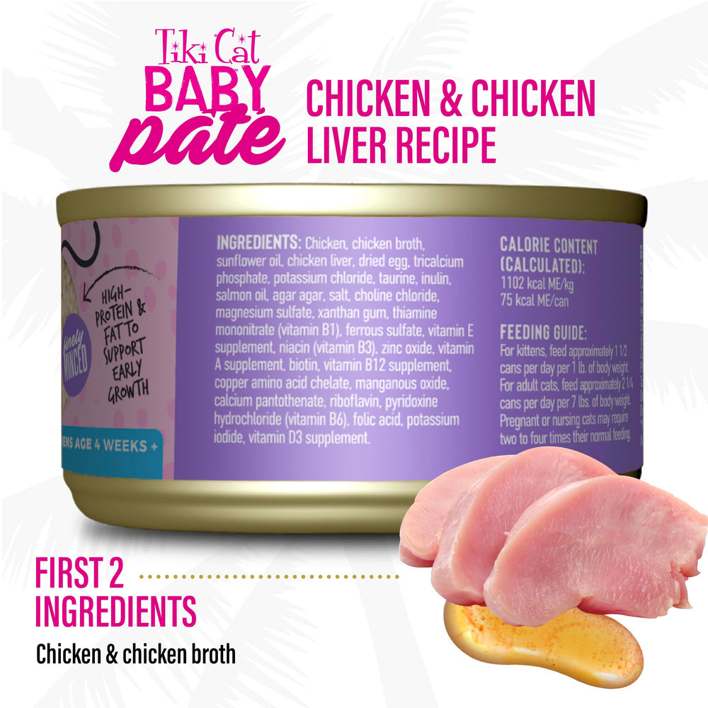 Boîte Tiki Cat Baby Pate Chaton 68 g prête à servir en repas quotidiens.