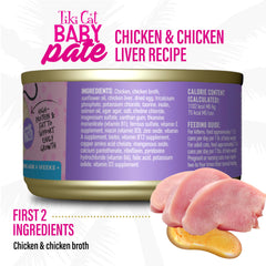Boîte Tiki Cat Baby Pate Chaton 68 g prête à servir en repas quotidiens.
