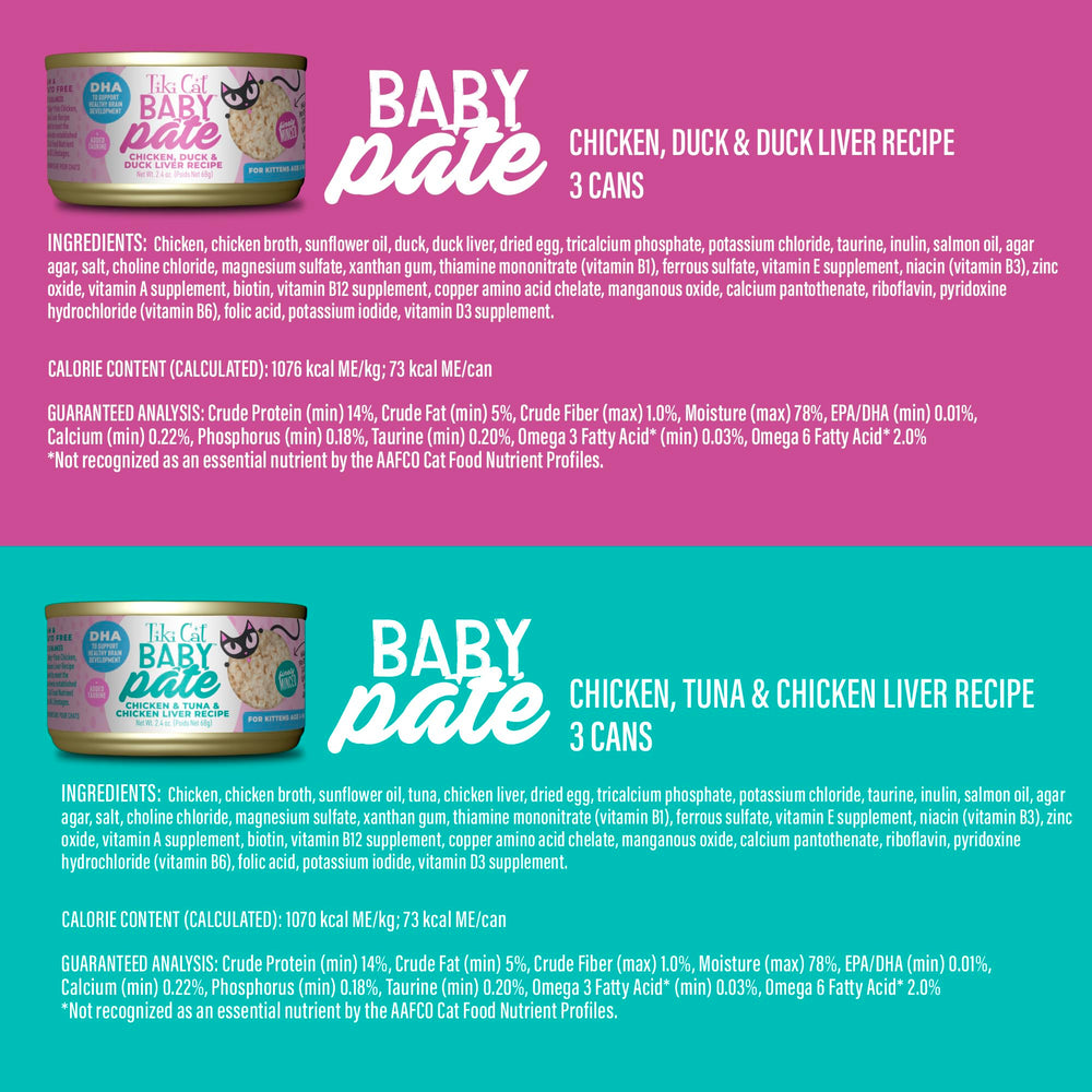 DHA, taurine et prébiotiques présents dans Tiki Cat Baby Pâté pour développement.