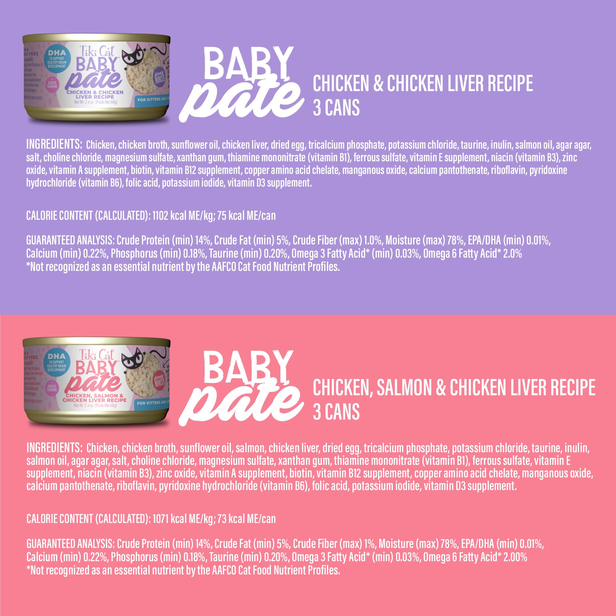 Ingrédients foie et organes dans Tiki Cat Baby Pâté pour nutriments essentiels.