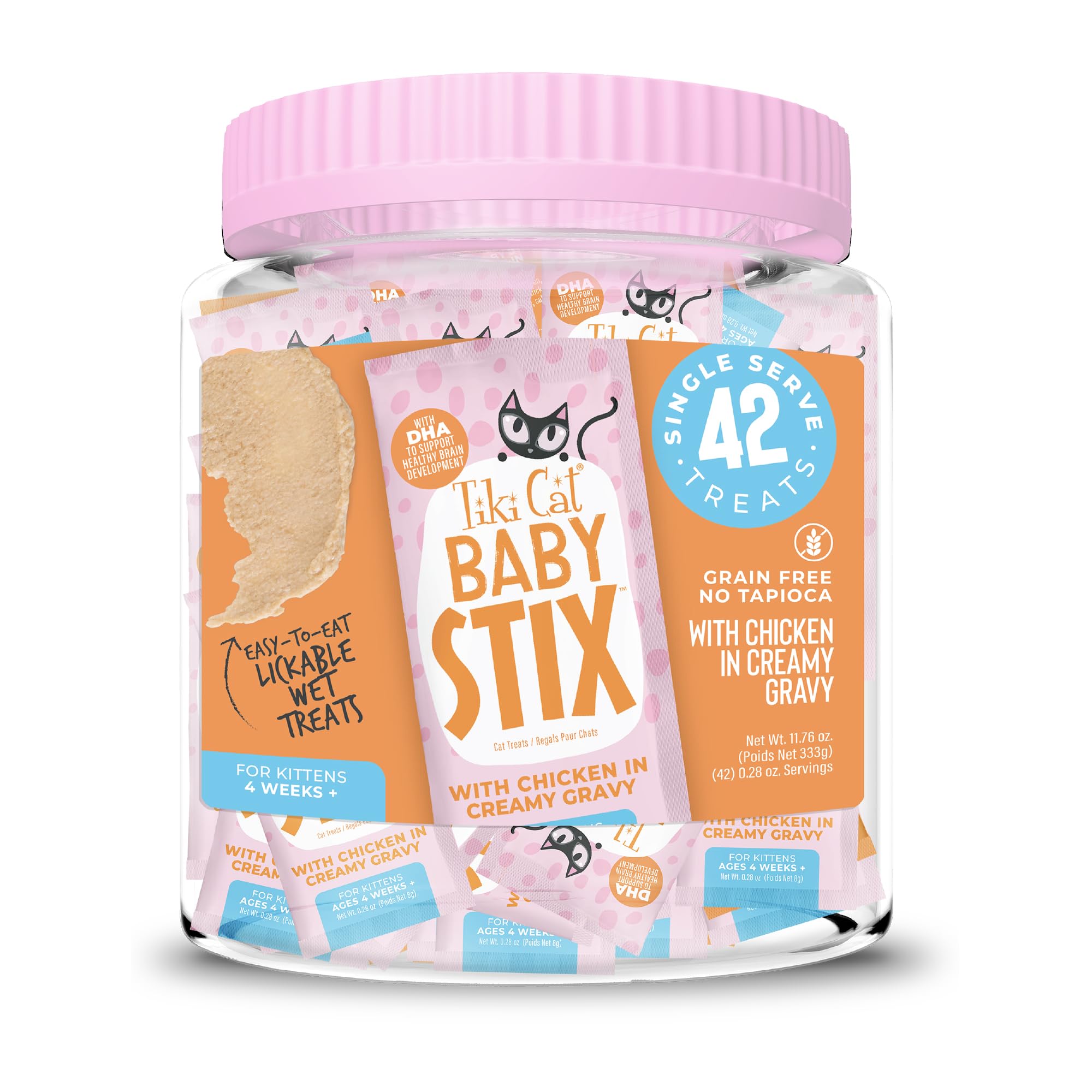 Tiki Cat Baby Stix, poulet dans sauce crème, friandise facile à lécher pour chatons.