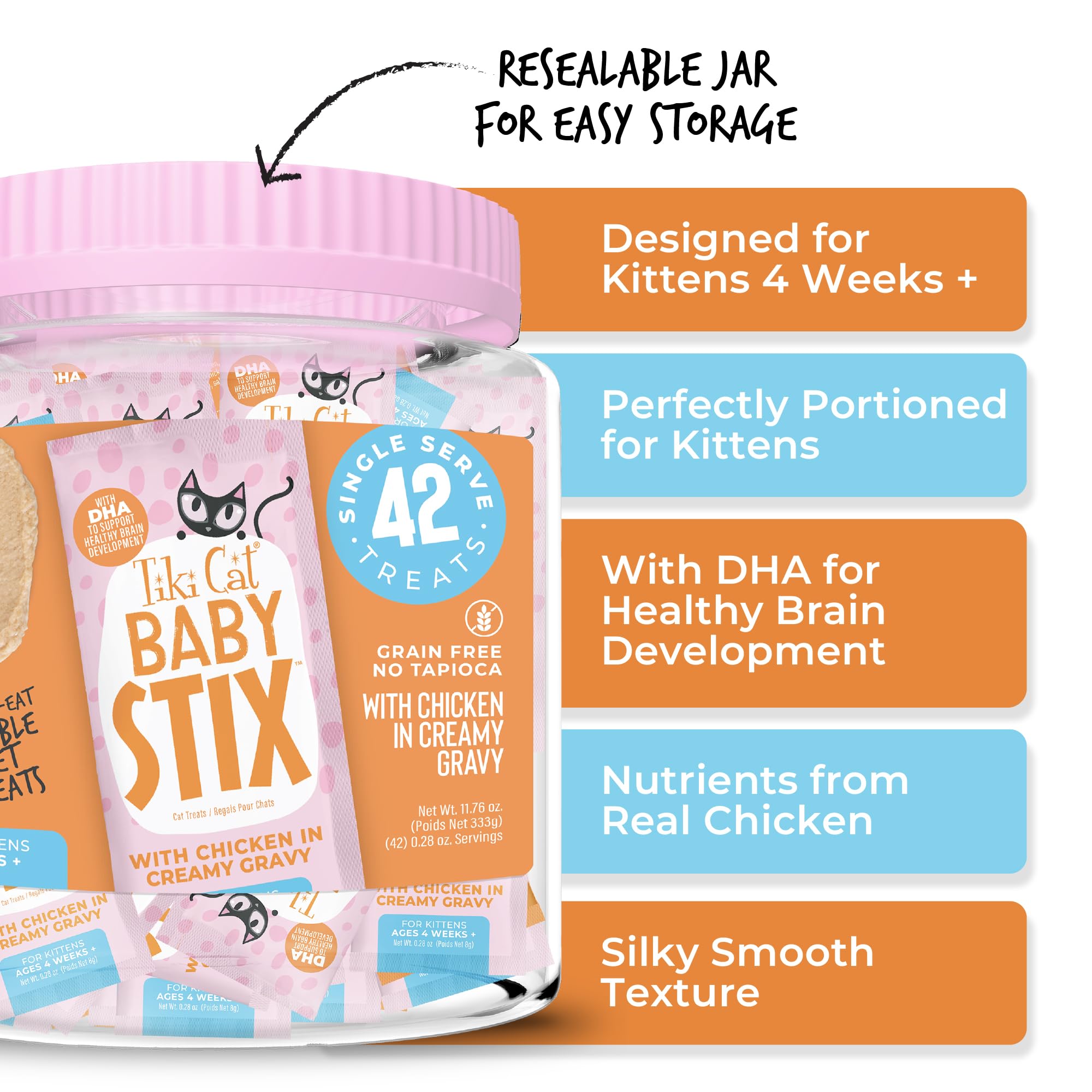 Tiki Cat Baby Stix comme garniture savoureuse sur croquettes sèches, ajoutant saveur et humidité.