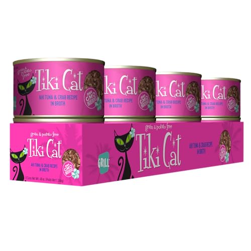 Étiquette Tiki Cat Grill montrant les ingrédients et le profil sans céréales.