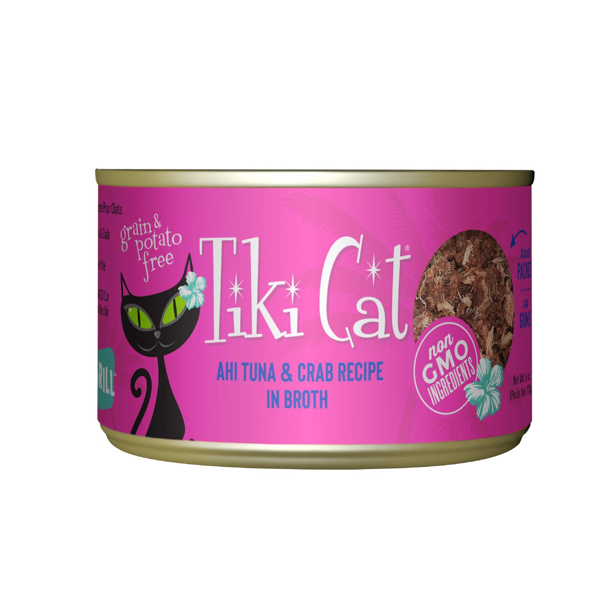 Tiki Cat Grill pour chat avec thon Ahi et crabe, saveur marine et hydratation.