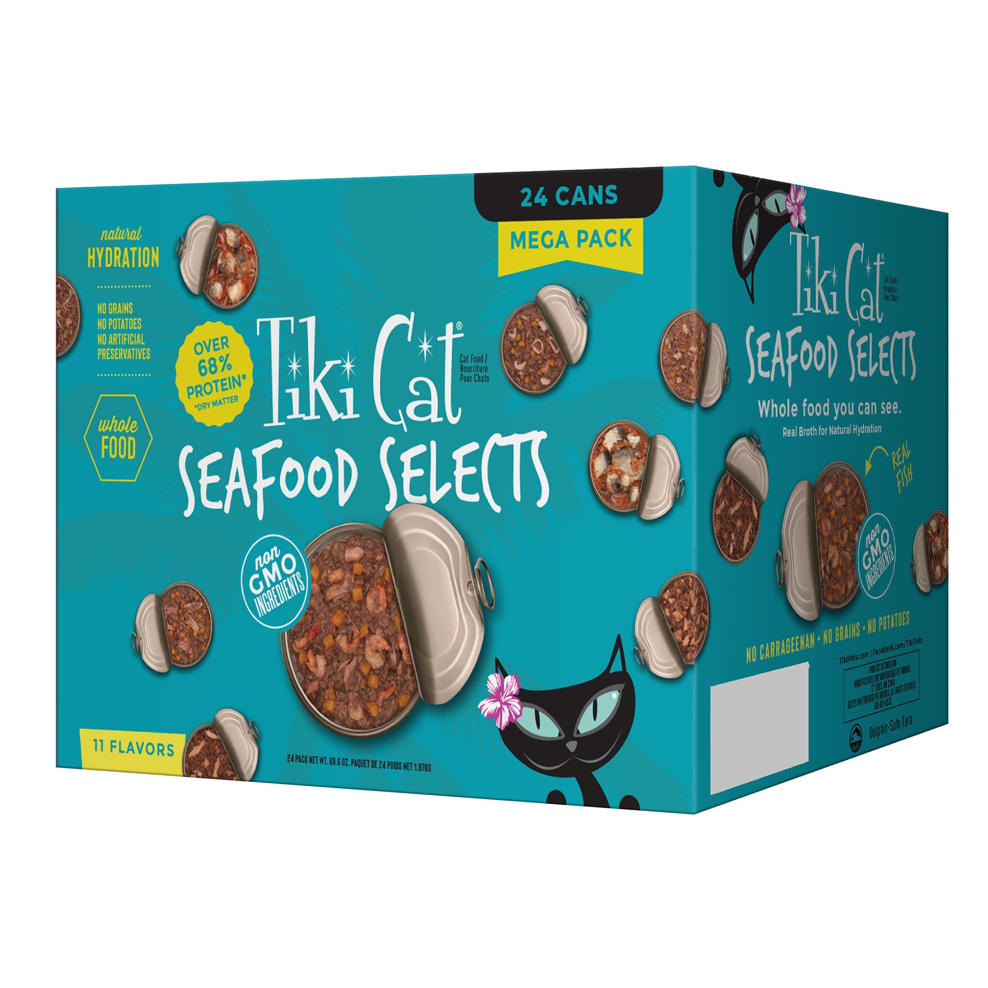 Aperçu du pack Tiki Cat Mega Pack, 24 boîtes de fruits de mer pour chats.