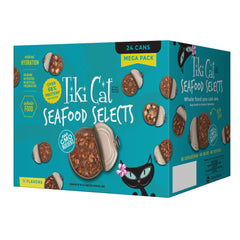 Aperçu du pack Tiki Cat Mega Pack, 24 boîtes de fruits de mer pour chats.
