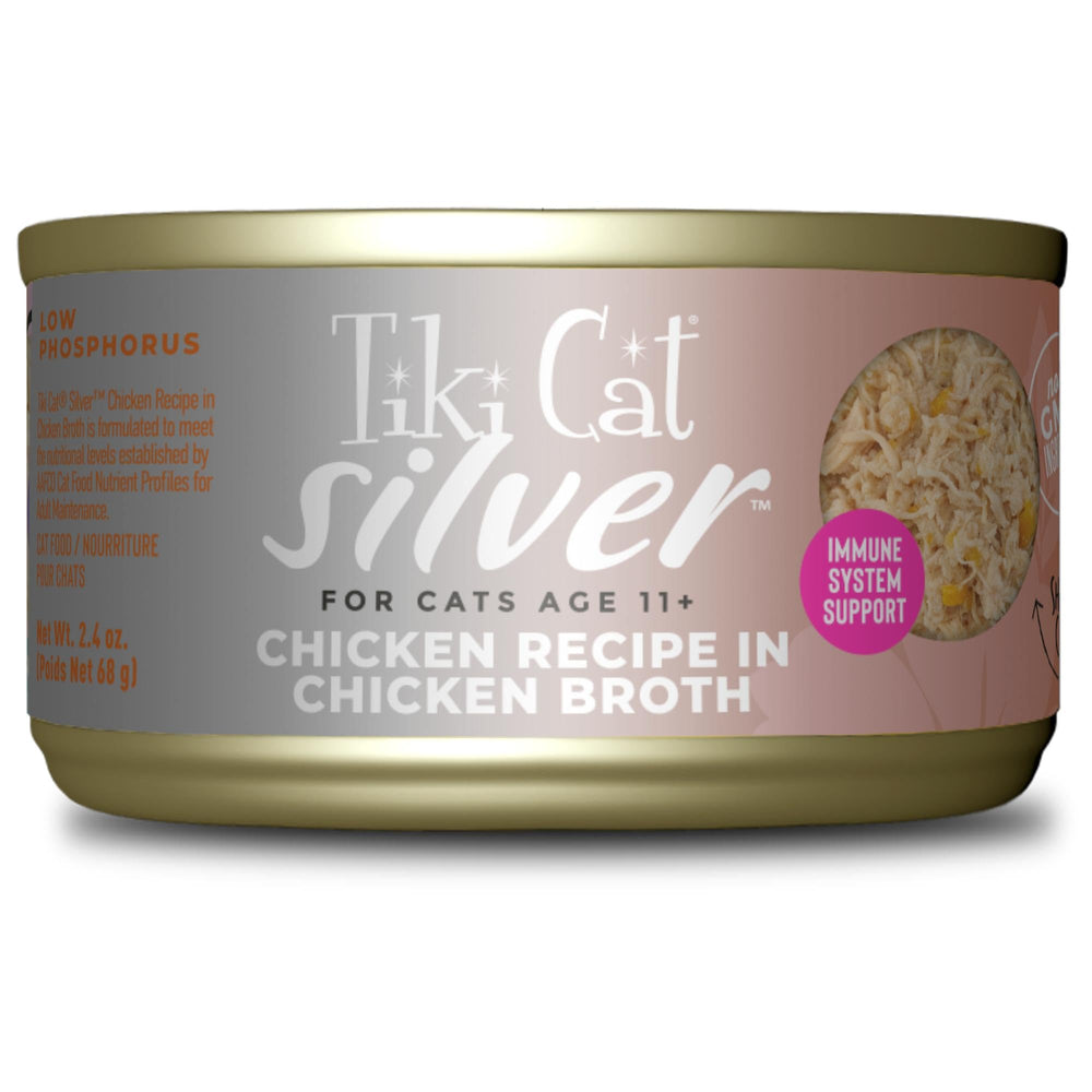 Tiki Cat Silver Comfort Shreds texture mousse poulet, idéal pour chats seniors sensibles.