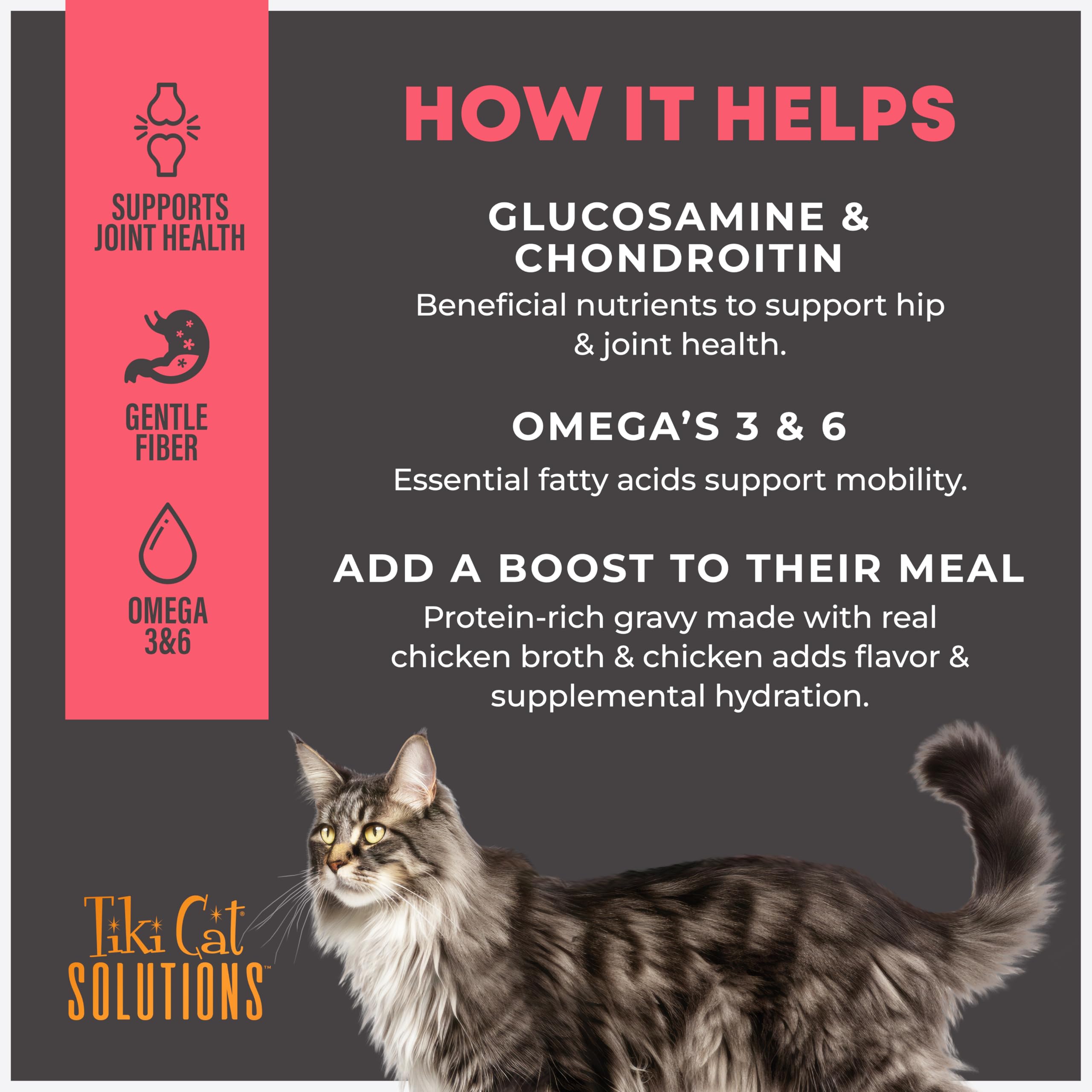 Tiki Cat Solutions Mobilité — formulé par des vétérinaires et nutritionnistes animaliers.
