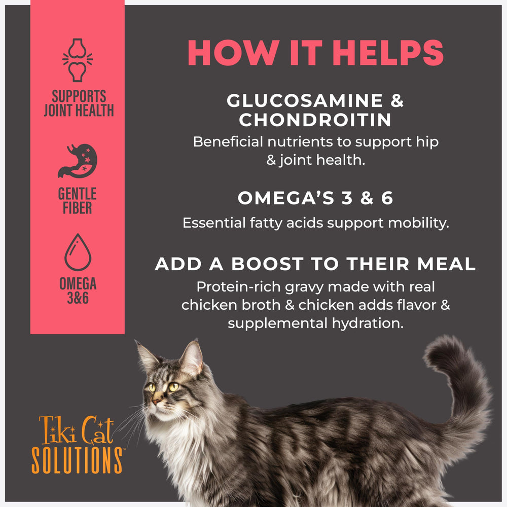 Tiki Cat Solutions Mobilité — formulé par des vétérinaires et nutritionnistes animaliers.