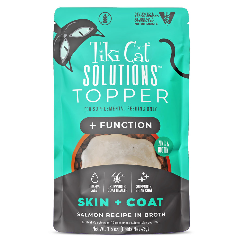 Tiki Cat Solutions Skin + Coat au saumon en bouillon, récompense hydratante.