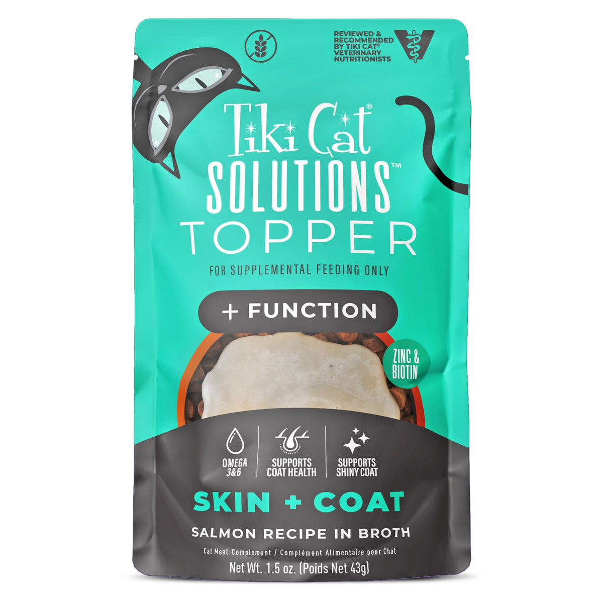 Tiki Cat Solutions Skin + Coat au saumon en bouillon, récompense hydratante.