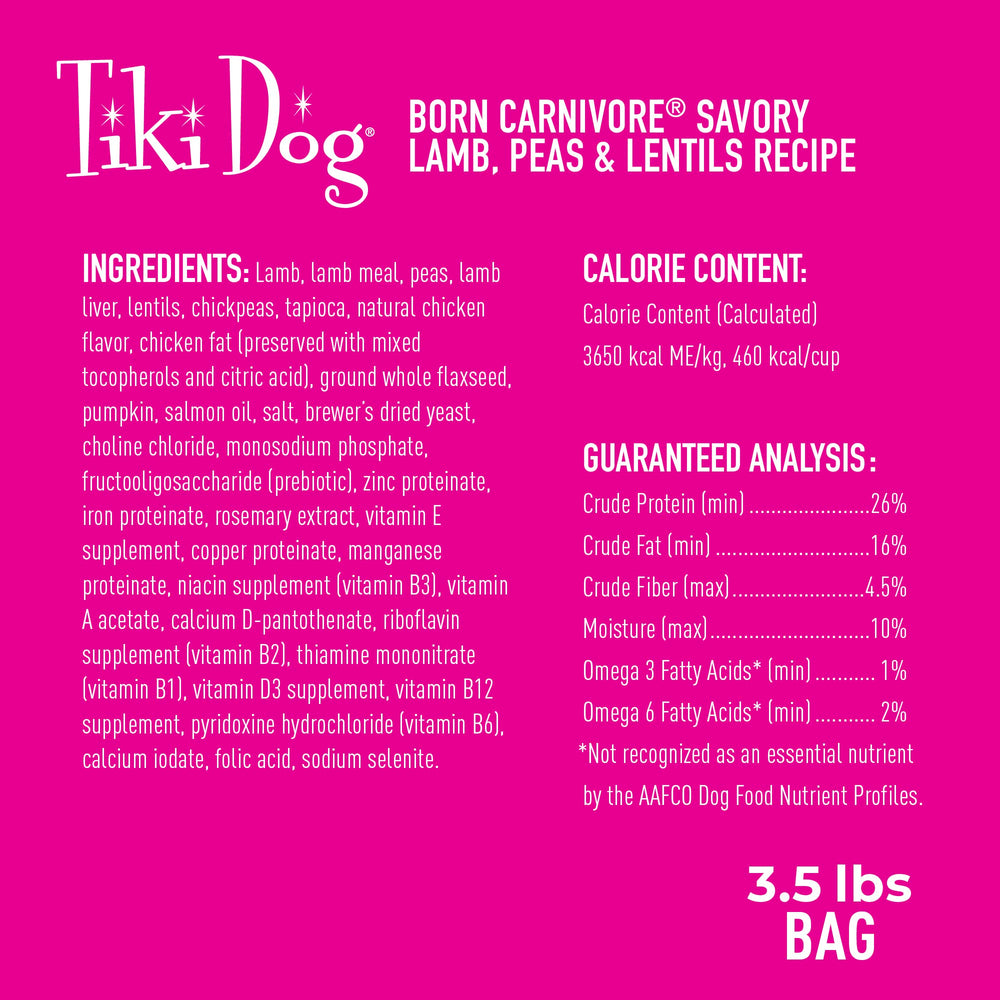 TIKI PETS Tiki Dog Born Carnivore: bouchées croquantes à l'agneau pour texture agréable.