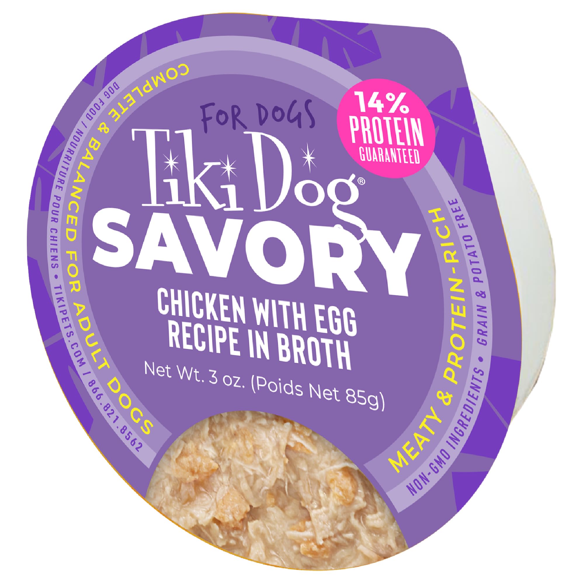 Tiki Dog Poulet avec œuf dans bouillon, coupe 3 oz, bouchée protéinée.
