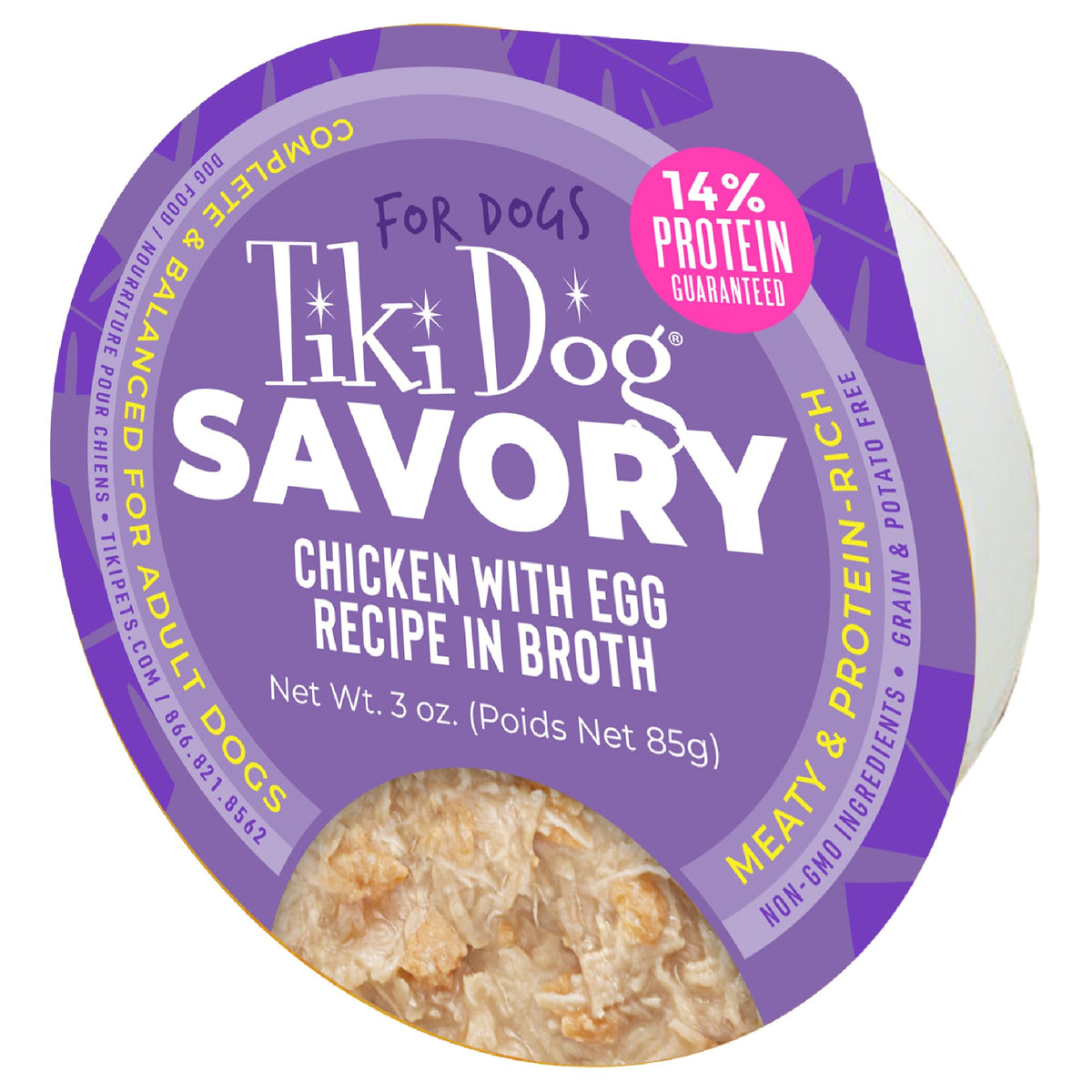 Tiki Dog Poulet avec œuf dans bouillon, coupe 3 oz, bouchée protéinée.