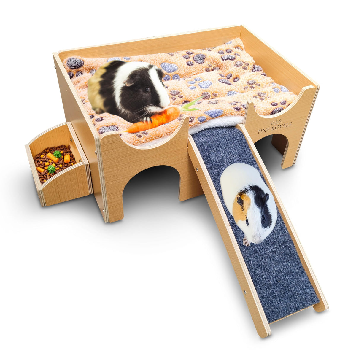 Cachette en bois Tiny Royals pour cochon d’Inde avec rampe, refuge sûr et accessible.