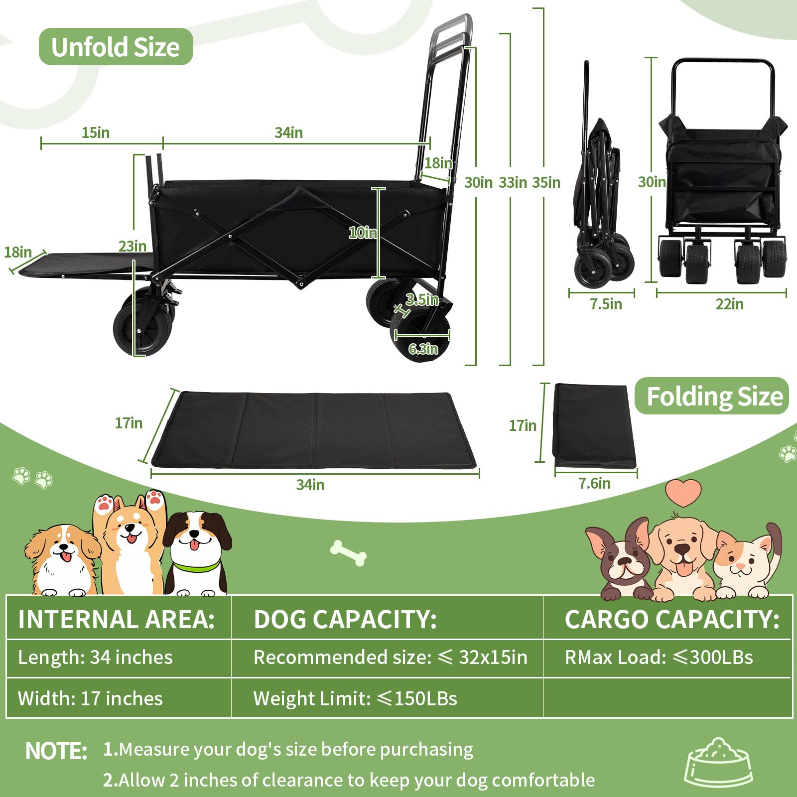 TNELTUEB Poussette-chien grand-lit-34x17, espace interne confortable jusqu'a 150 lb