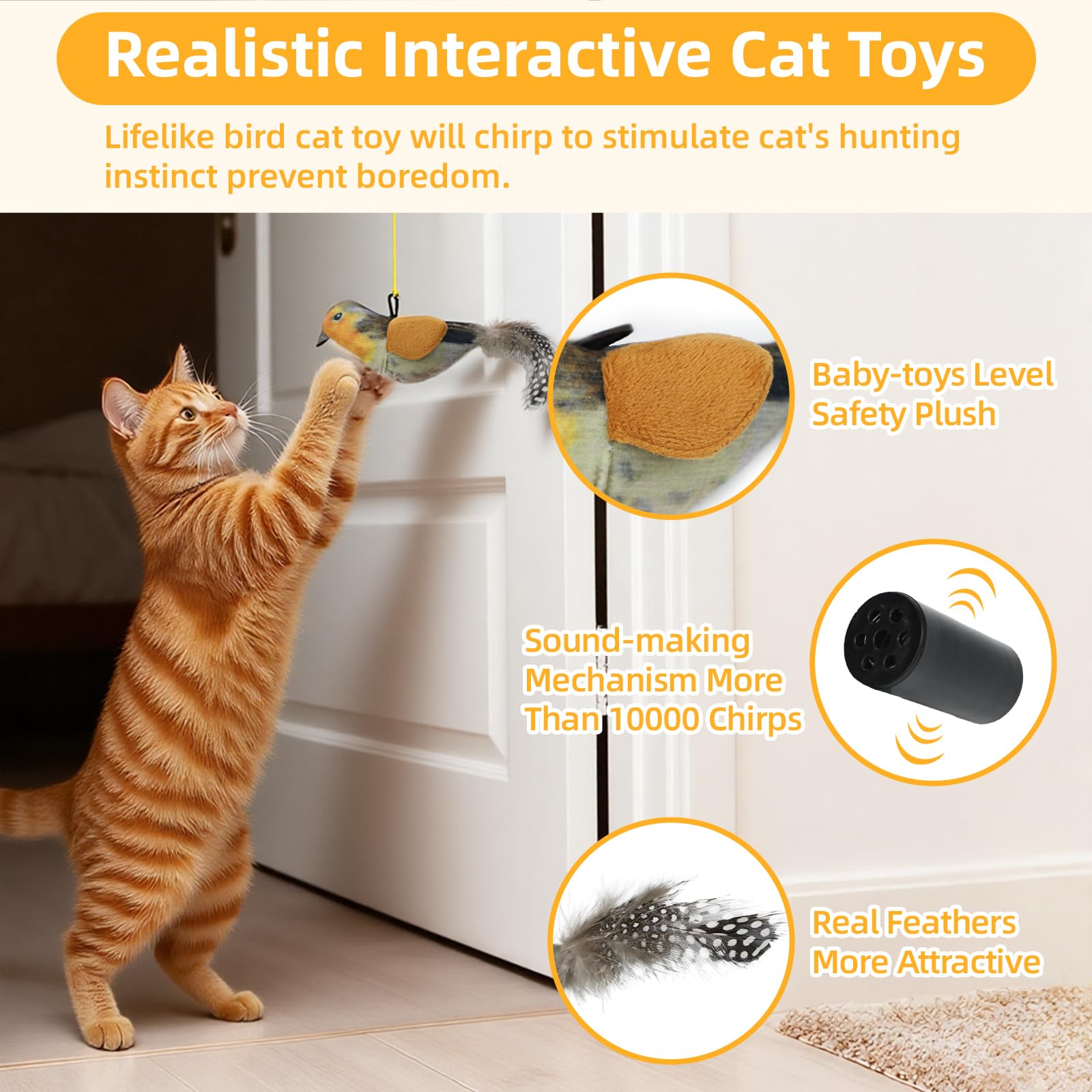 Jouet Tocirelo oiseau interactif pendu bleu, sons réalistes pour éveil du chat.