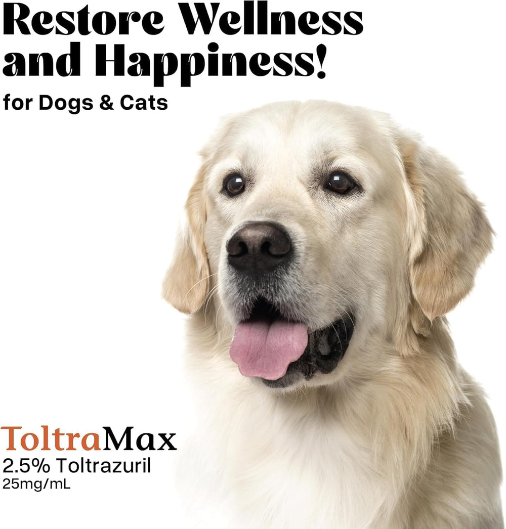 Étiquette ToltraMax lisible indiquant le dosage et les avertissements.