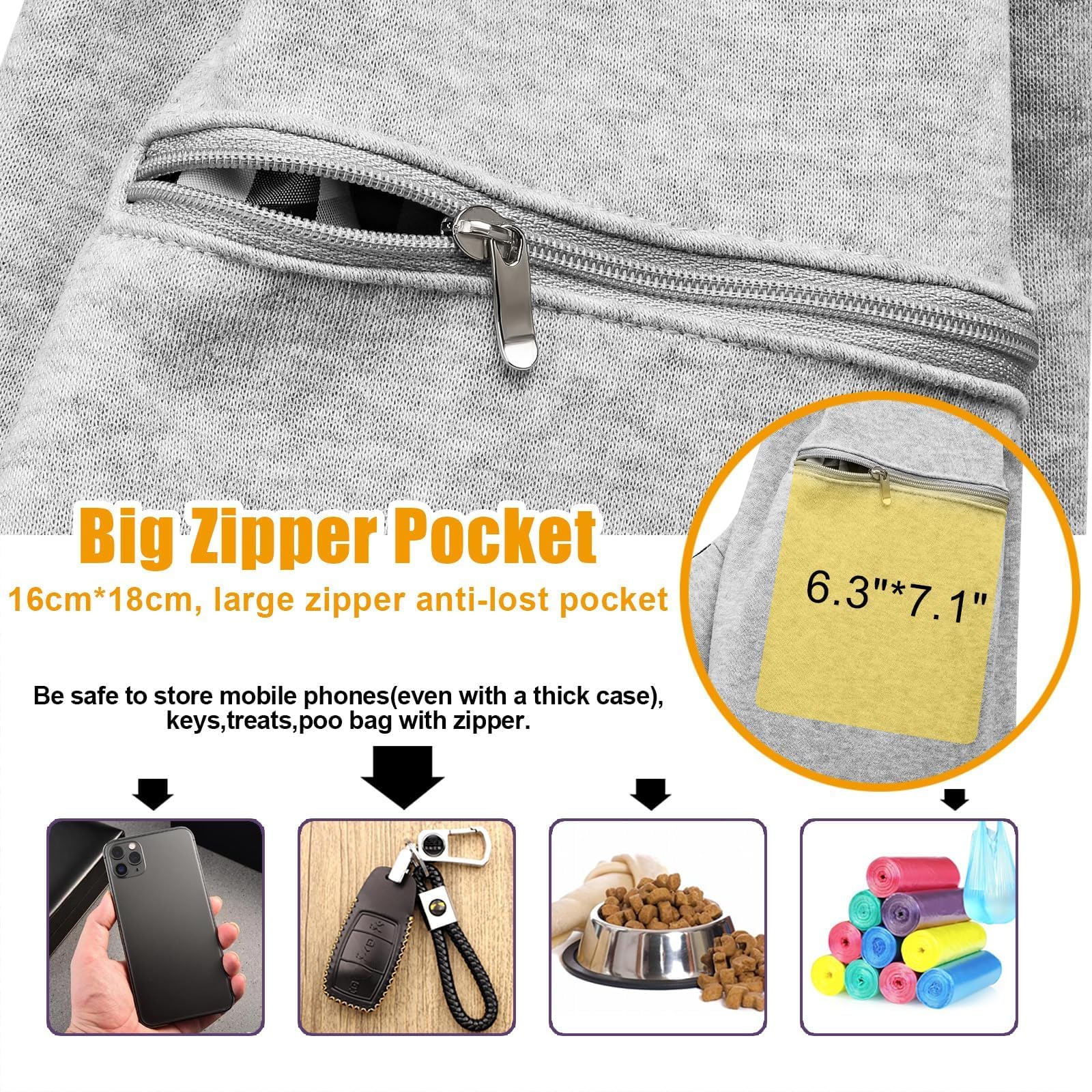 Tomkas porte-chien: poche-avant-zippee pratique pour gels et cartes.