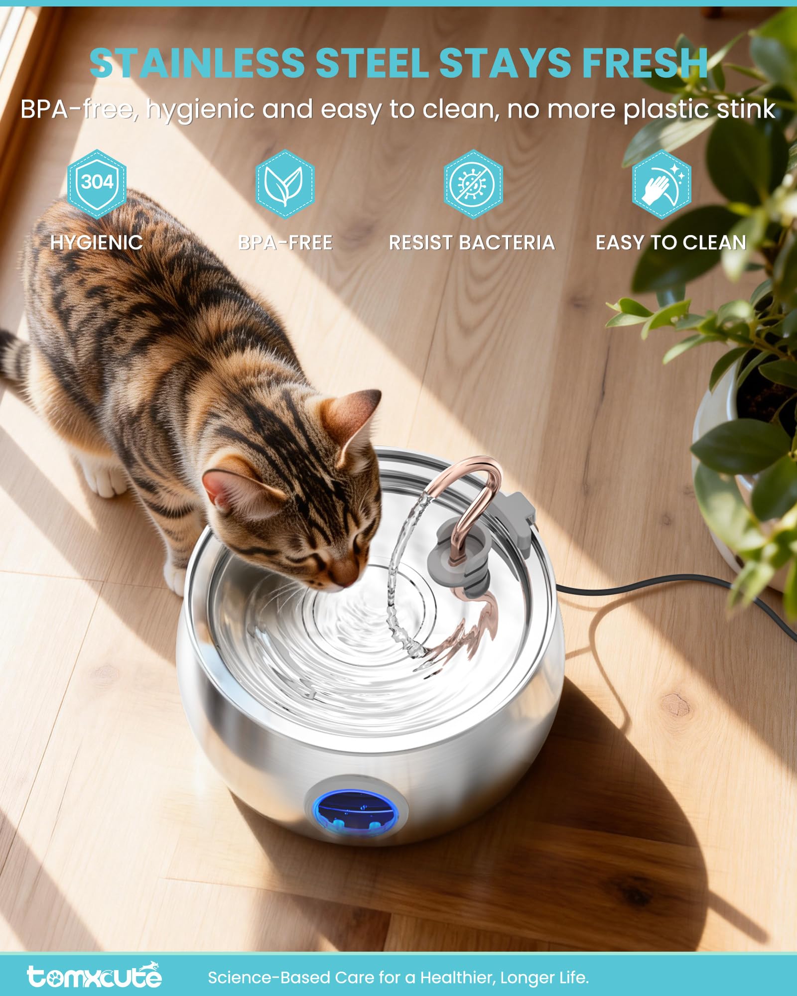 Tomxcute fontaine-chat, pompe-ultra-silencieuse, garantit un intérieur calme pendant l'hydratation.