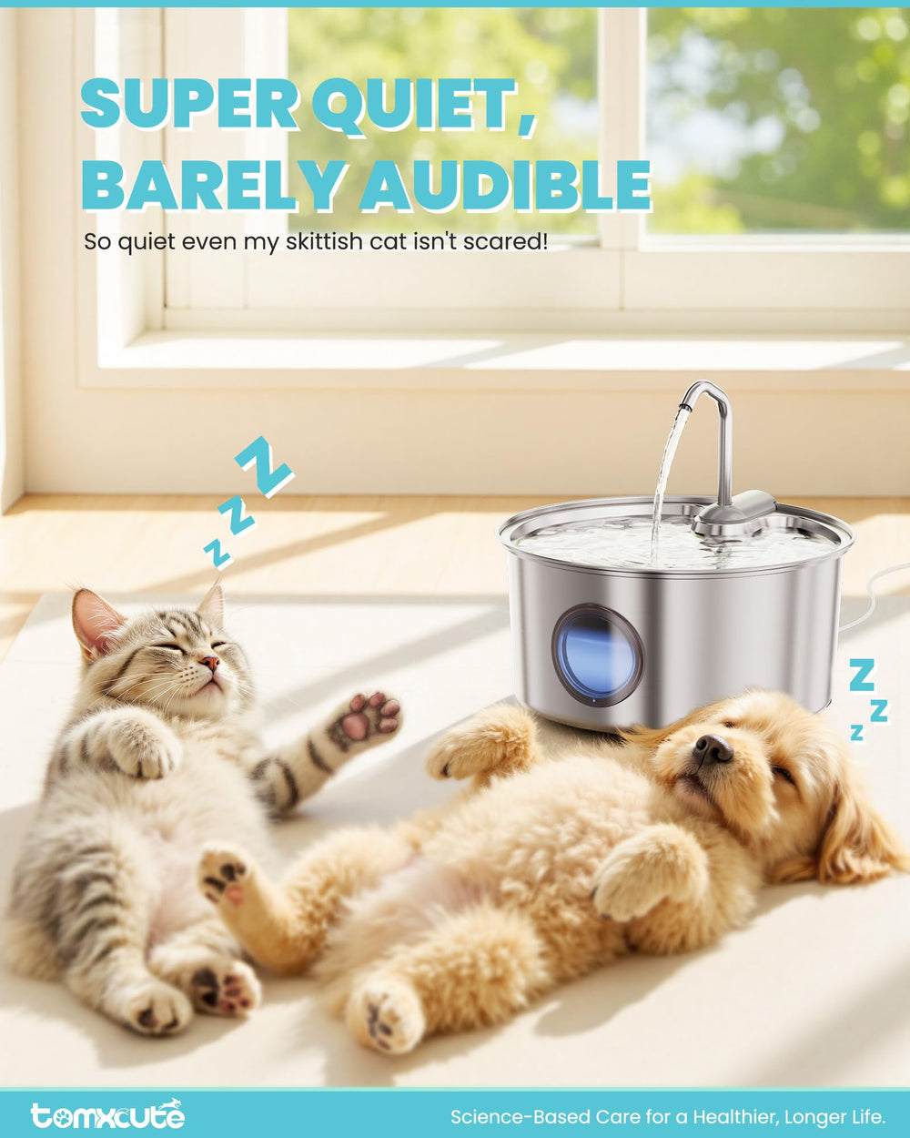 Tomxcute fontaine silencieuse, faible bruit pour des repas calmes.