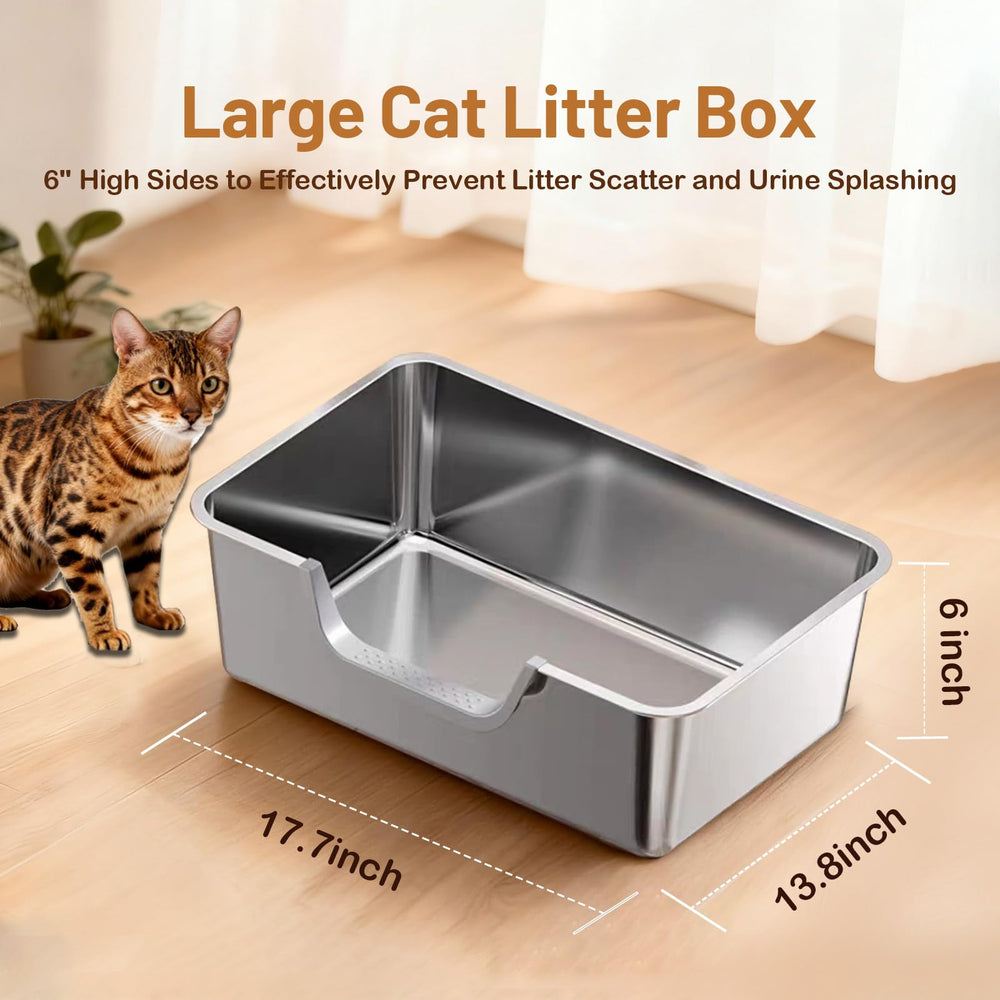 Tondid Boîte Litière Chat Acier Inox avec côtés hauts pour réduire éclaboussures